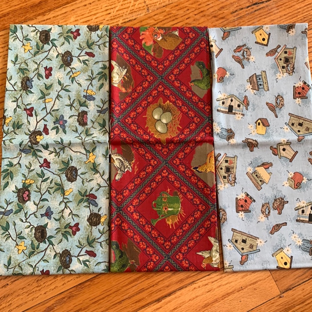 Set of 3 whimsy bird theme fat quality quilt fabric quarters (1/4 yards each)
